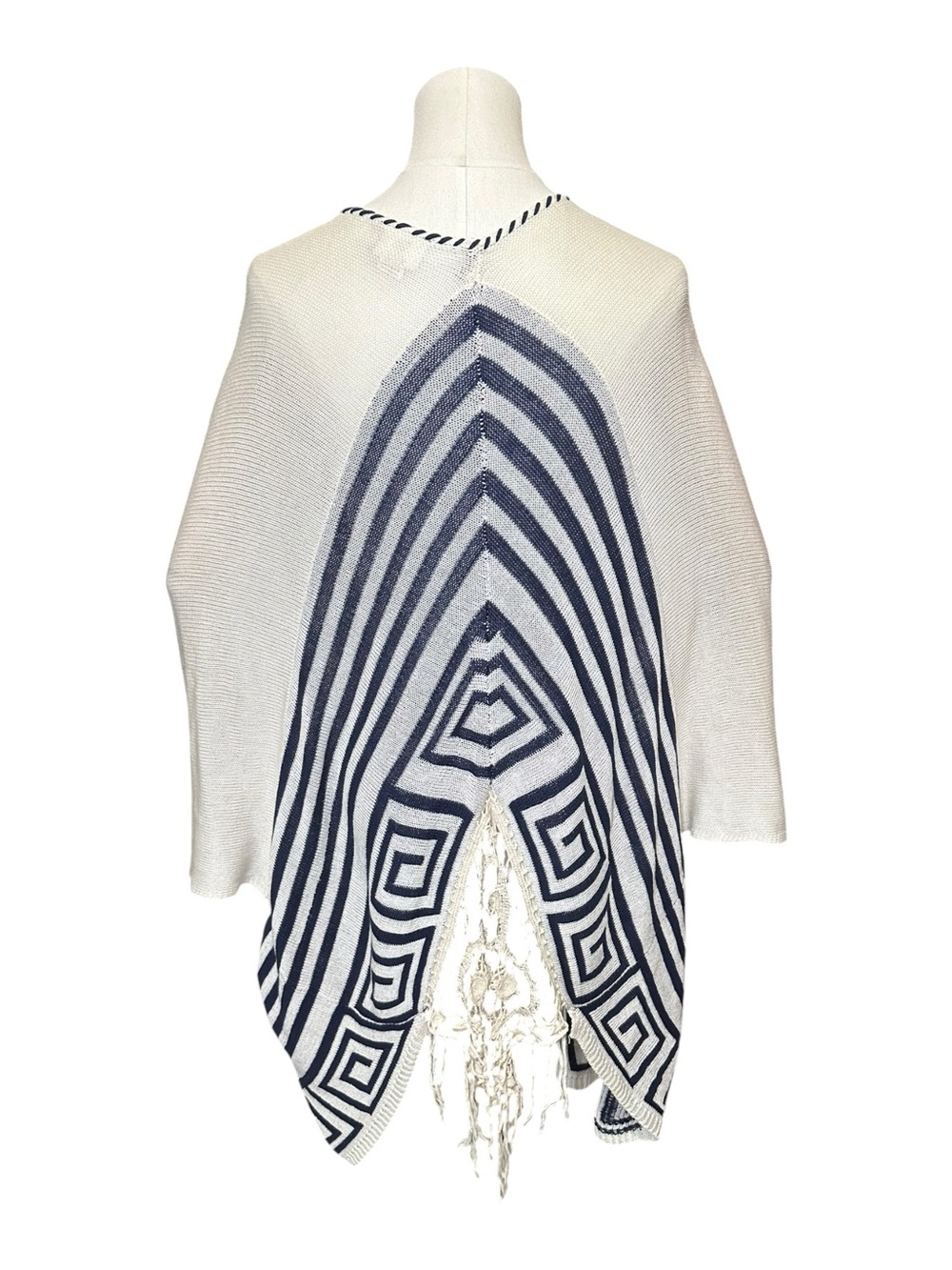 Daytrip White & Navy Fringe Open-Front Knit Poncho Cape - Picture 7 of 8